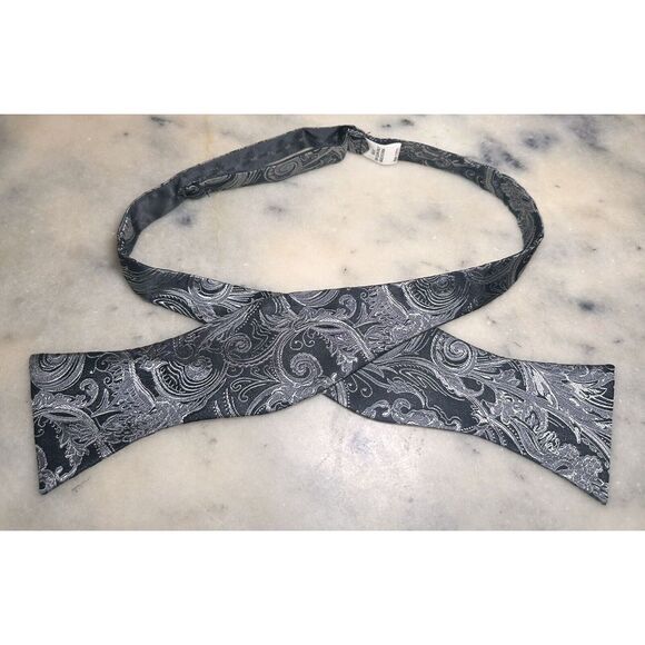 Other - 100% Silk Black Silver Paisley Woven Self Tie Adjustable Bow Tie